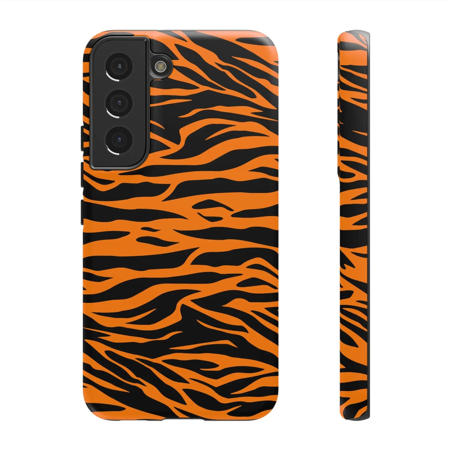 Orange and black tiger print phone case showing the back side for iPhone Galaxy S and Pixel mobile phone cases