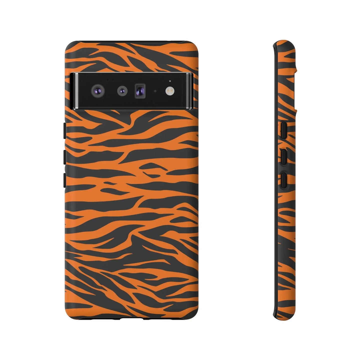 Back side of orange cute wild tiger print pattern phone case featuring orange tiger print for mobile phone cases