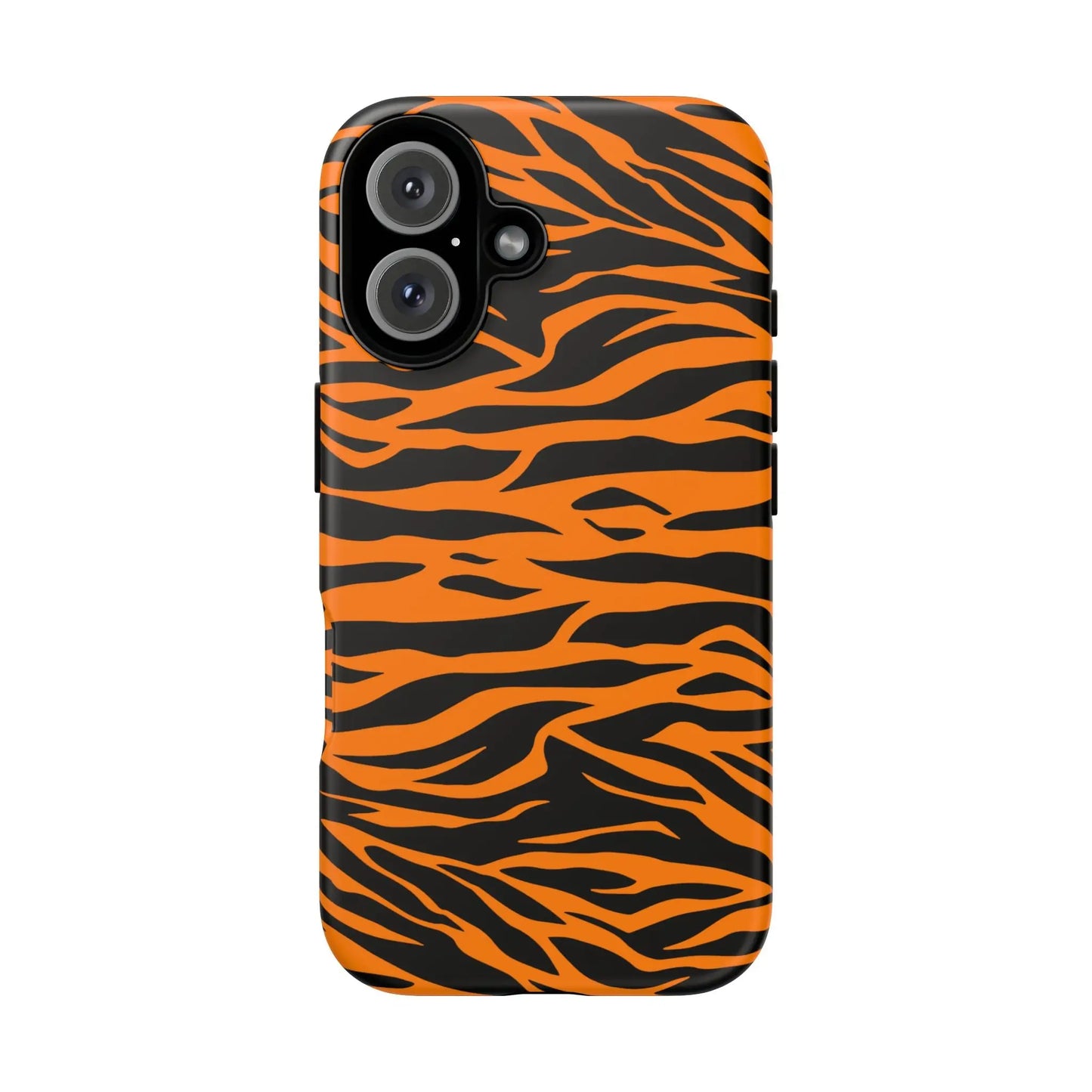 Back side of an orange and black tiger print phone case for iphone galaxy s and pixel mobile phone cases