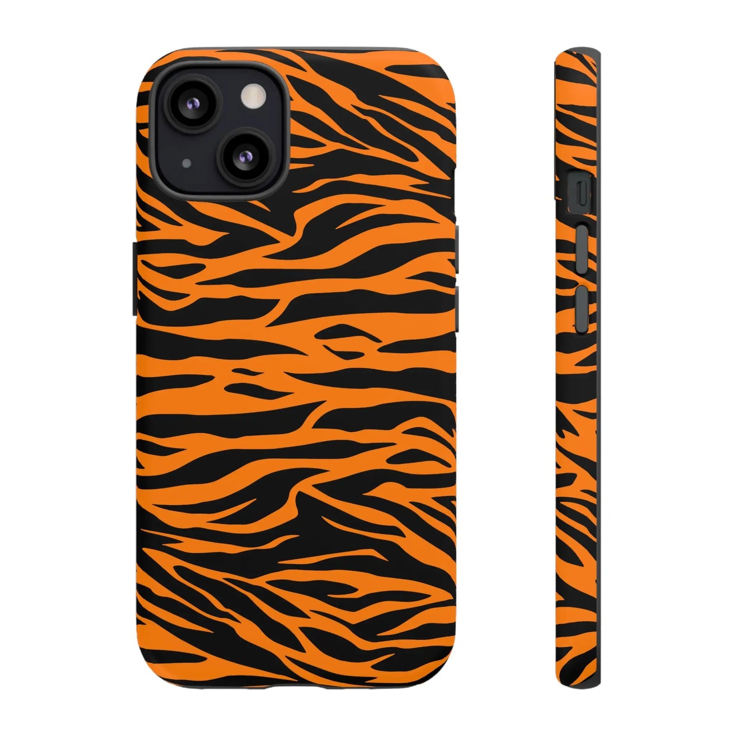 Vibrant orange tiger print phone case with bold black stripes shown from the back for iphone galaxy and pixel phones