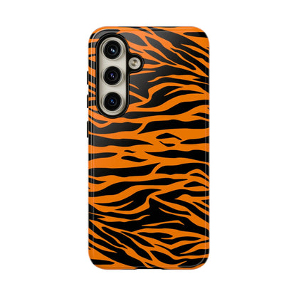 Back view of an orange tiger print mobile phone case featuring vibrant black stripes for iphone galaxy s and pixel phones