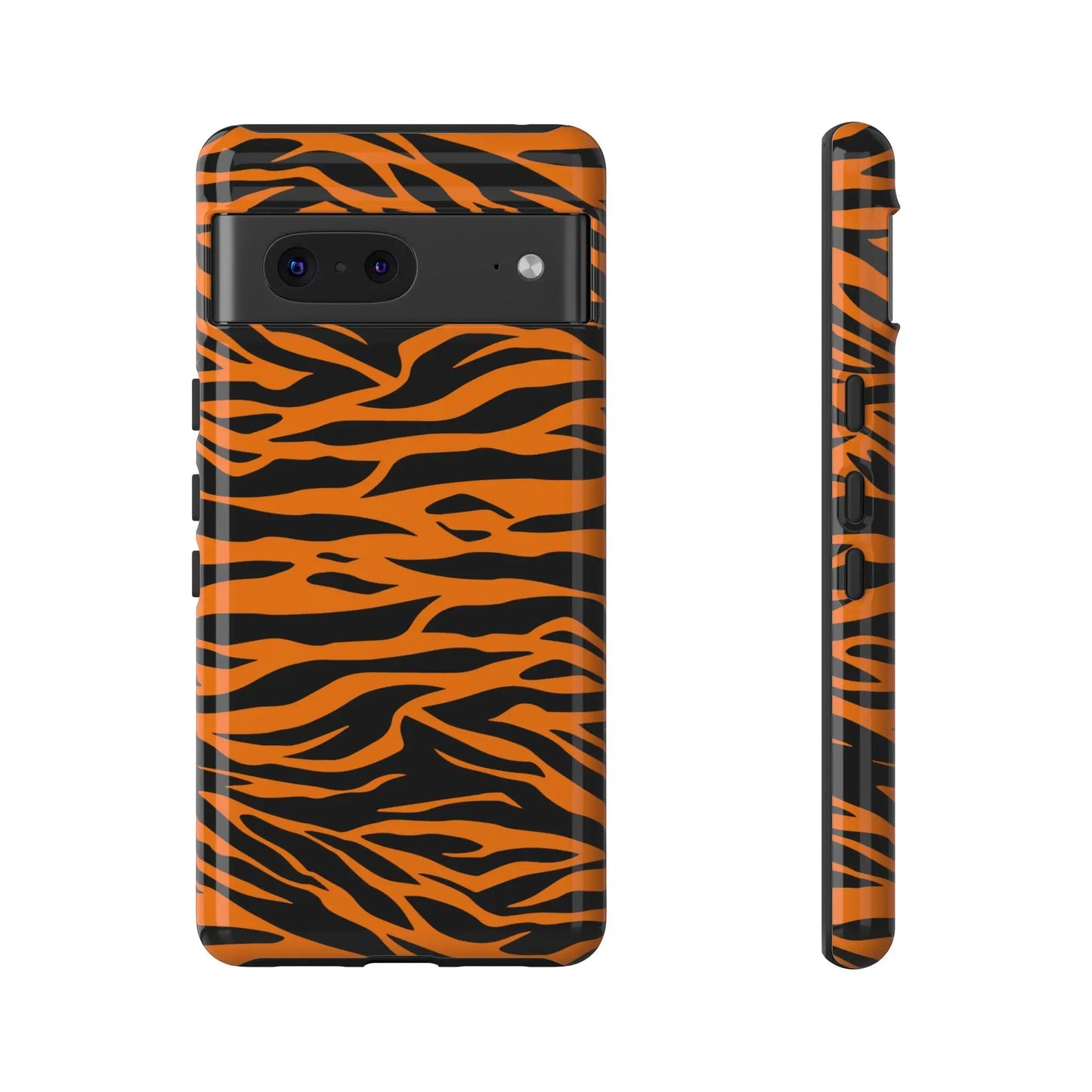 Back side of a vibrant orange tiger print phone case with black stripes for iphone galaxy s and pixel phones mobile phone cases