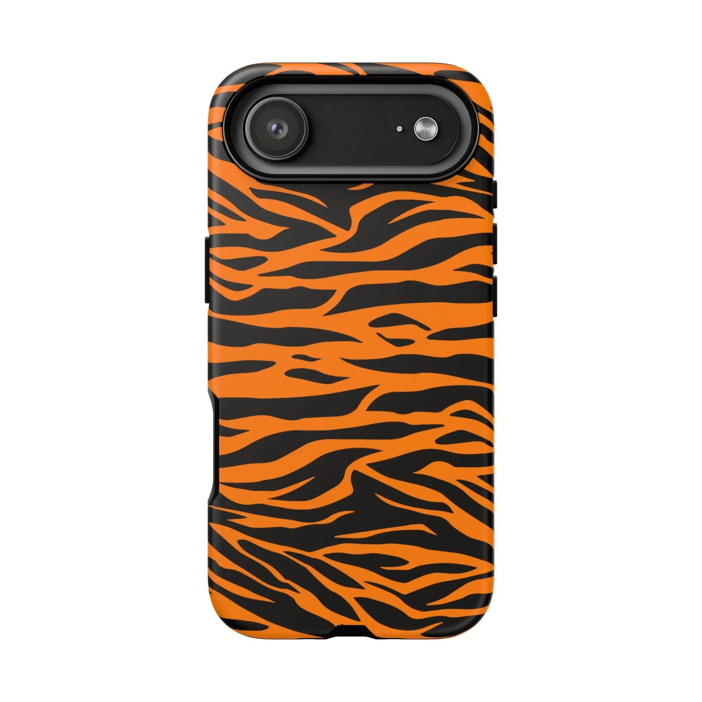 Orange tiger print phone case for iphone galaxy s and pixel phones with vibrant tiger print back design