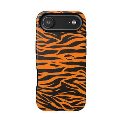 Orange tiger print phone case for iphone galaxy s and pixel phones with vibrant tiger print back design