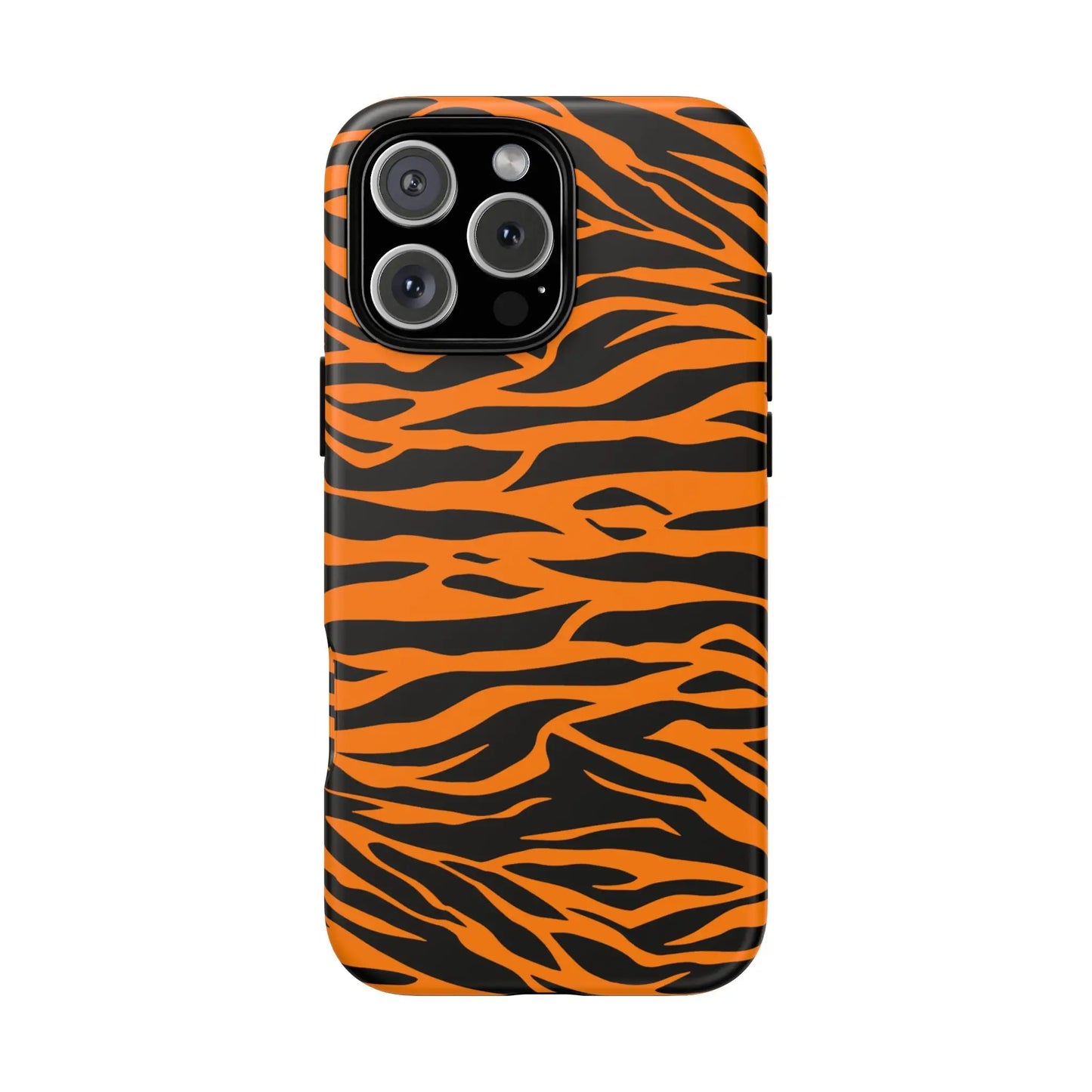 Back side of vibrant orange tiger print mobile phone case with black stripes for iphone galaxy s and pixel phones