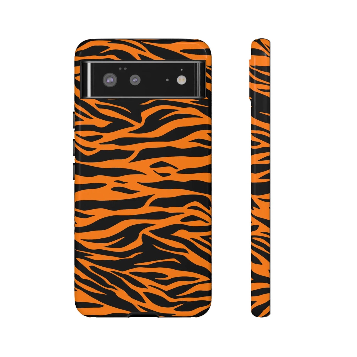 Back side of an orange tiger print phone case featuring a cute wild tiger stripe pattern for iPhone Galaxy and Pixel phones