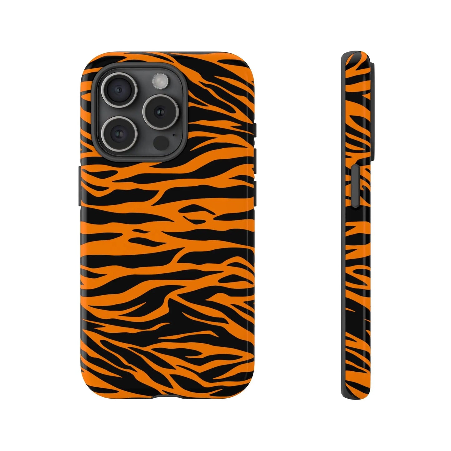 Back side of orange cute wild tiger print pattern phone case with orange tiger print for mobile phone cases