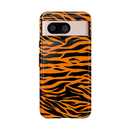 Back side of vibrant orange tiger print phone case featuring wild tiger stripe design for iPhone Galaxy and Pixel phones