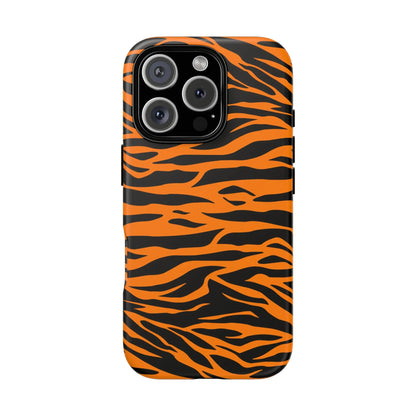 Back side of an orange tiger print mobile phone case with a cute wild tiger stripe pattern for iPhone Galaxy S and Pixel phones