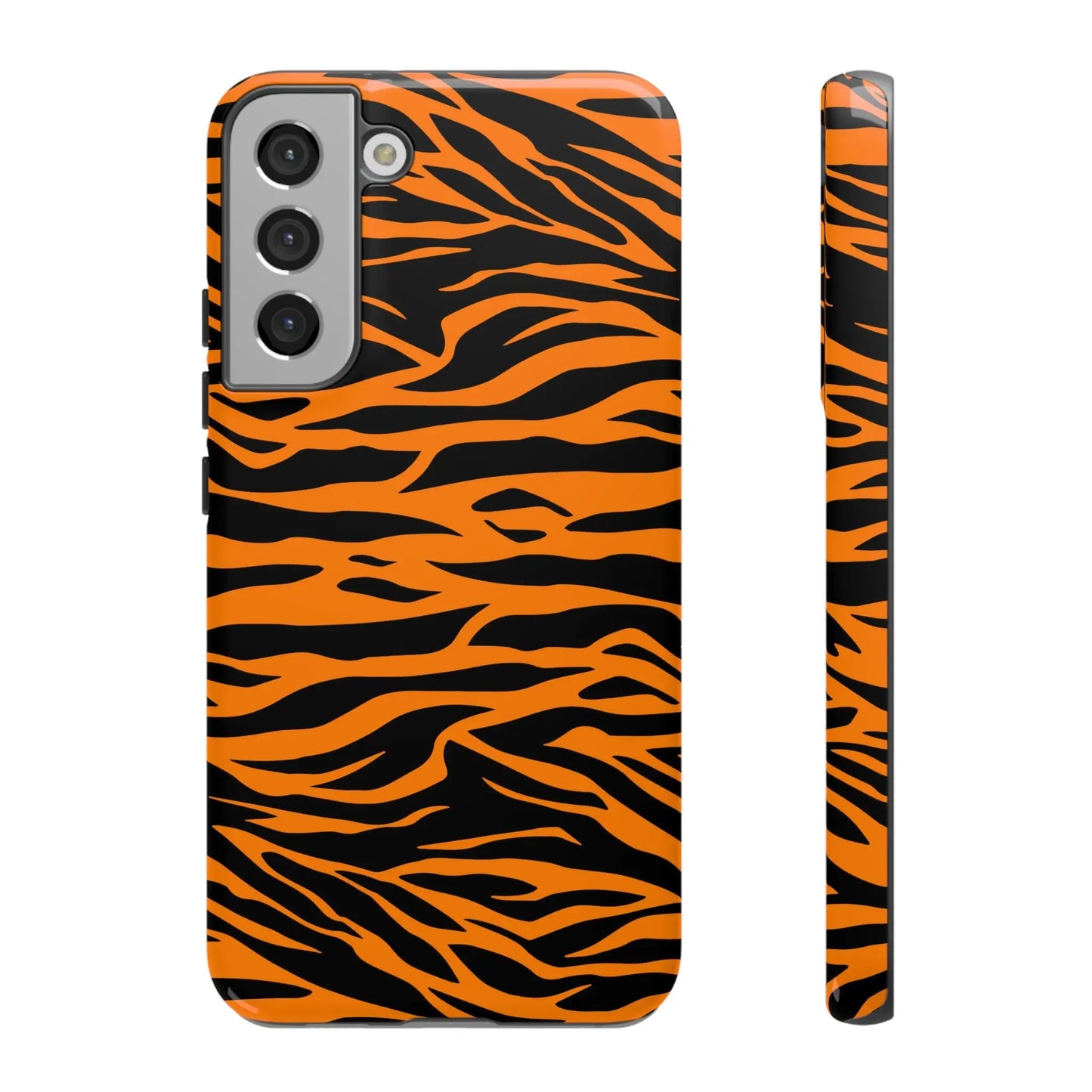 Back view of vibrant orange tiger print mobile phone case for samsung galaxy s21 series with wild tiger stripe pattern