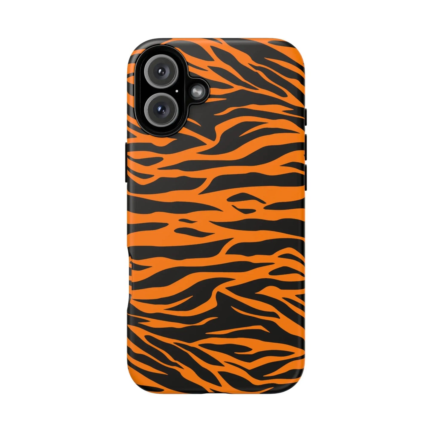 Back side of an orange tiger print mobile phone case with black stripes for iphone galaxy s and pixel phones