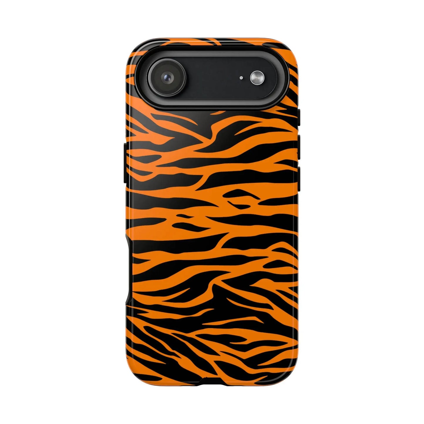 Orange cute wild tiger print pattern phone case showing back side with black and orange tiger print for mobile phones