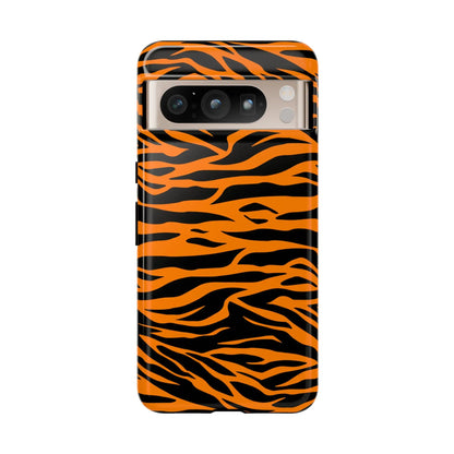 Back of vibrant orange tiger print mobile phone case with black stripes for iphone galaxy s and pixel phones