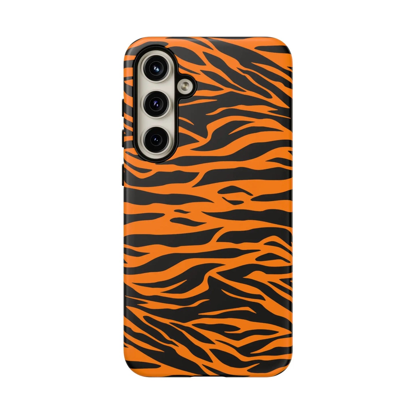 Back view of vibrant orange tiger print mobile phone case with black stripes for iphone galaxy s and pixel phones