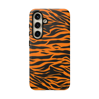 Orange tiger print mobile phone case with vibrant black stripe pattern shown from the back side for iPhone Galaxy S and Pixel