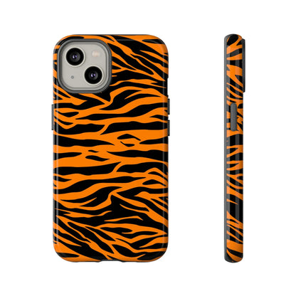 Back side of vibrant orange tiger print phone case featuring black tiger stripes for iPhone galaxy s and pixel phones