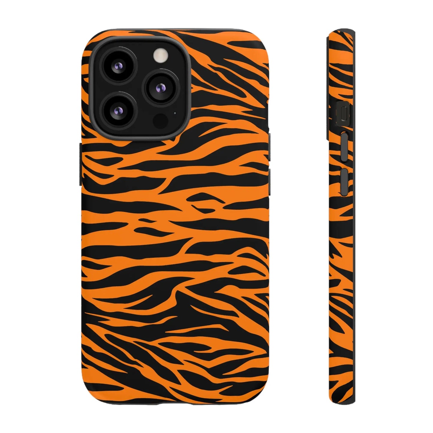 Back view of vibrant orange tiger print mobile phone case with bold black stripes for iphone galaxy s and pixel phones