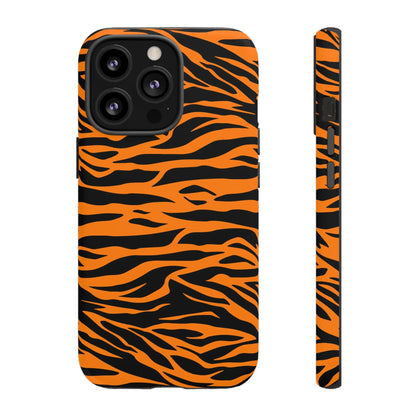 Back view of vibrant orange tiger print mobile phone case with bold black stripes for iphone galaxy s and pixel phones