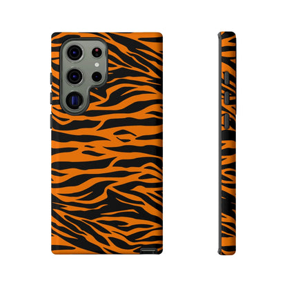 Back view of vibrant orange tiger print mobile phone case with black stripes for iphone galaxy s and pixel phones