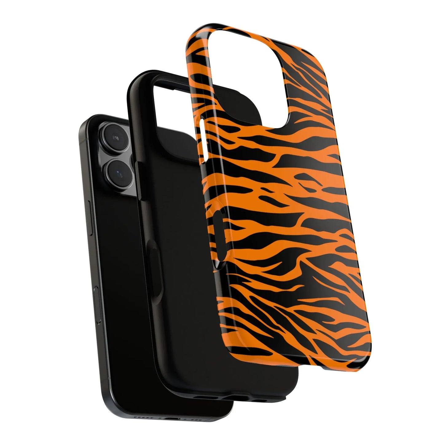 Back side of an orange tiger print mobile phone case with black stripes for iphone galaxy s and pixel phones