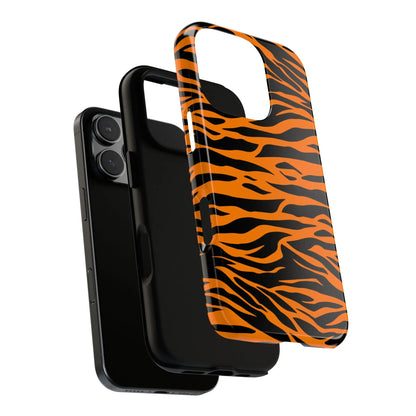 Back side of an orange tiger print mobile phone case with black stripes for iphone galaxy s and pixel phones