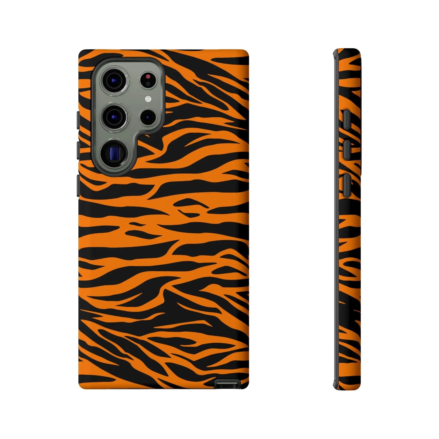 Vibrant orange tiger print mobile phone case with black tiger stripe pattern on the back for samsung galaxy s23 ultra