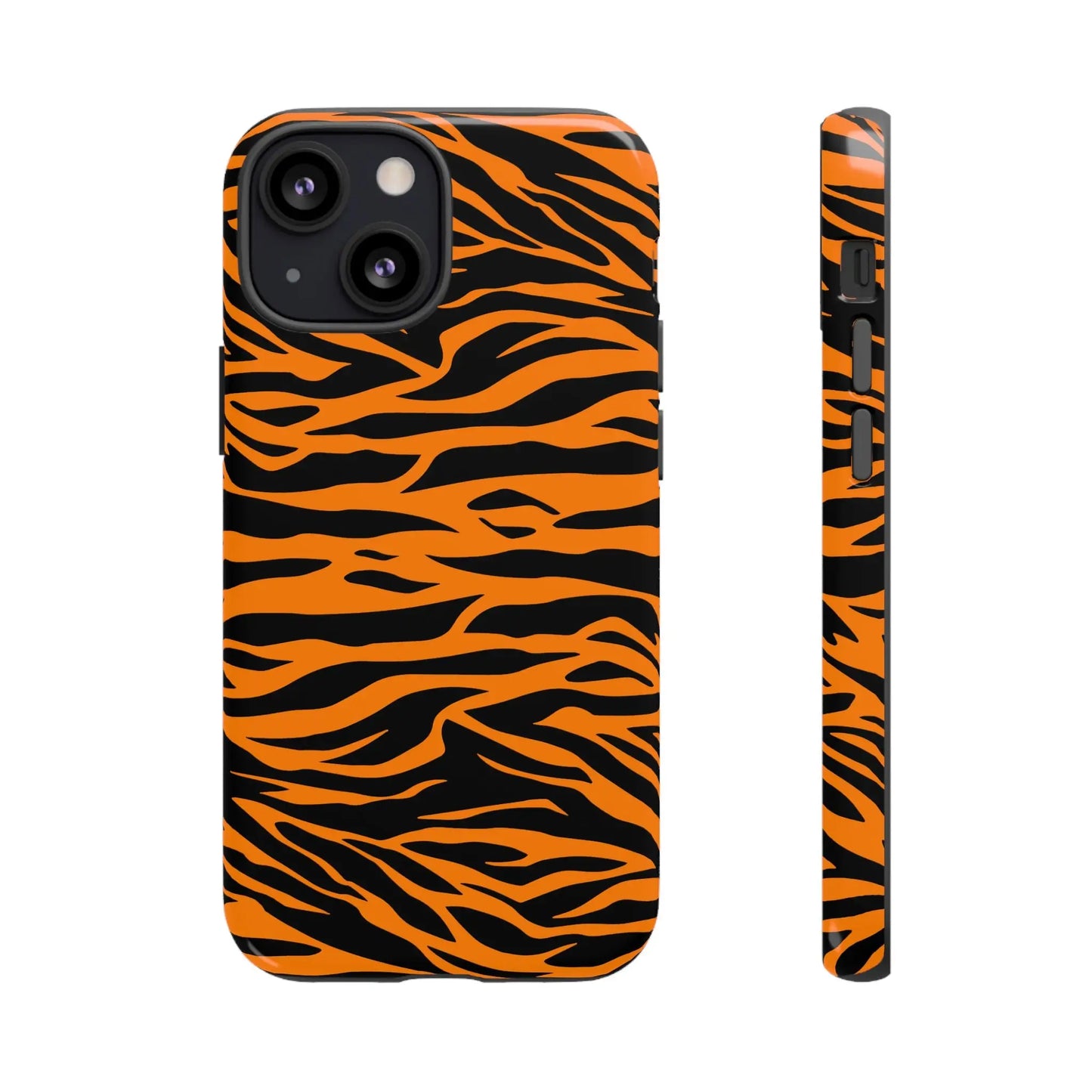 Back side of vibrant orange tiger print mobile phone case featuring bold black stripes for iphone galaxy s and pixel phones
