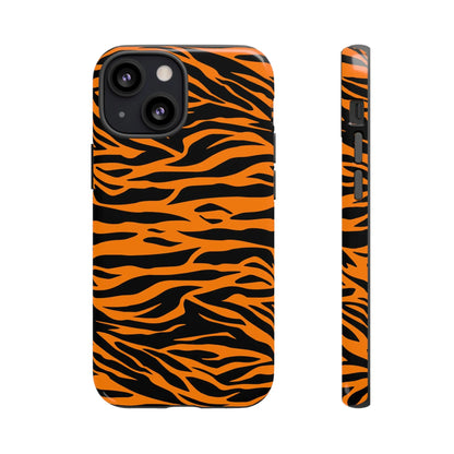 Back side of vibrant orange tiger print mobile phone case featuring bold black stripes for iphone galaxy s and pixel phones