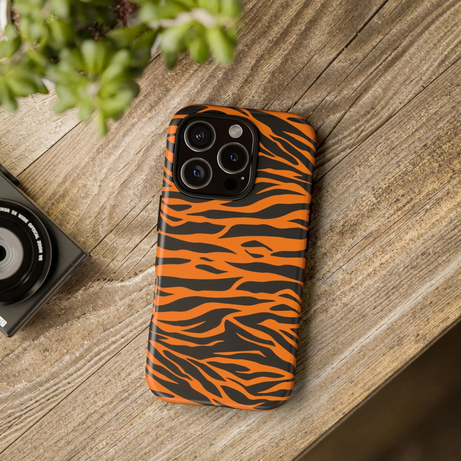Orange cute wild tiger print pattern phone case showing back with bold orange tiger print for iPhone Galaxy S pixel phones