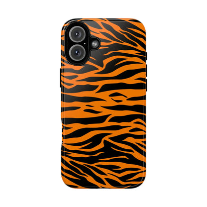 Back side of a vibrant orange tiger print phone case with black stripes for iPhone Galaxy and Pixel mobile phone cases