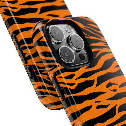 Back view of vibrant orange tiger print mobile phone case with glossy finish for iphone galaxy s and pixel phones