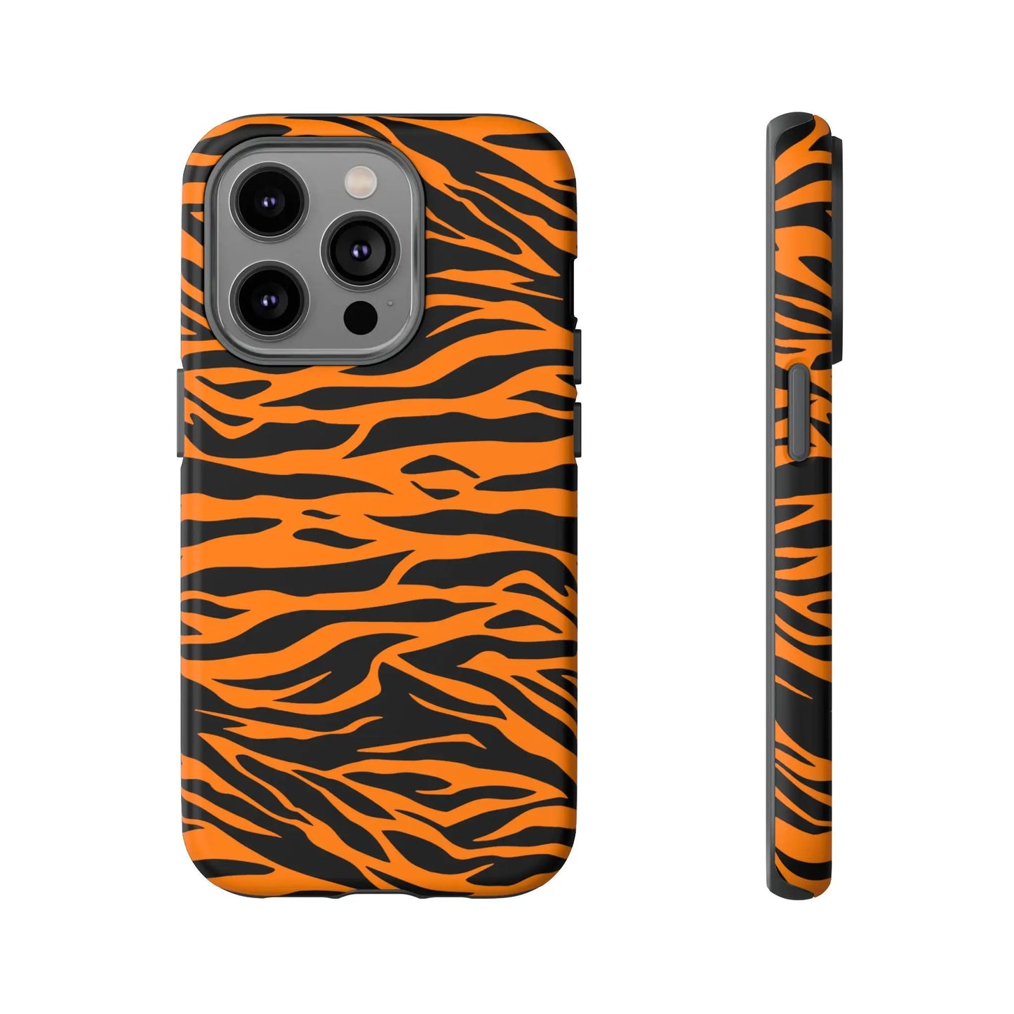 Back side of vibrant orange tiger print mobile phone case featuring black tiger stripes for iphone galaxy and pixel phones