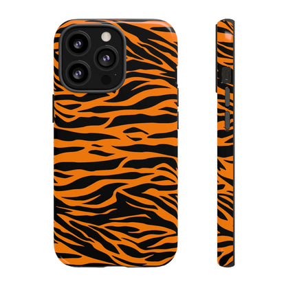 Back side of vibrant orange tiger print phone case with bold black stripes for iphone galaxy s and pixel phones mobile phone cases