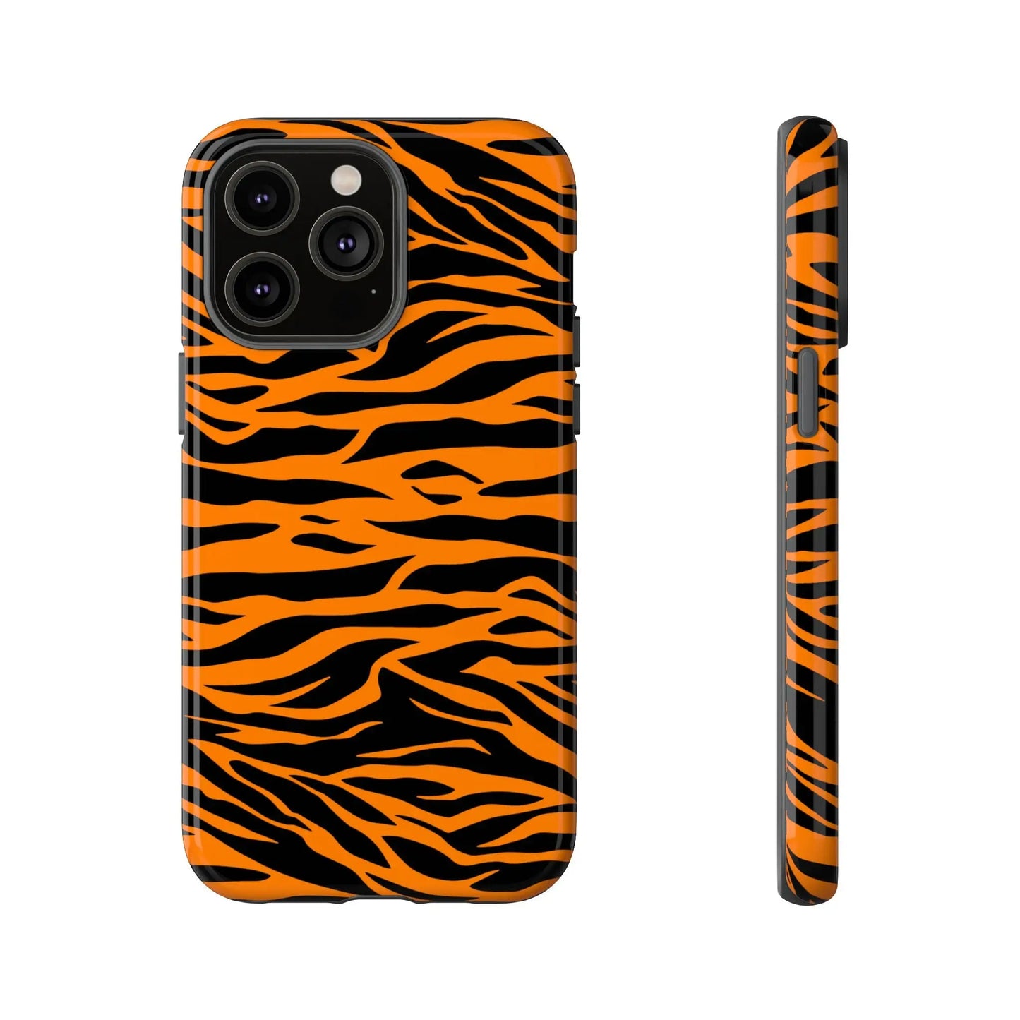 Orange tiger print mobile phone case with bold wavy tiger stripe pattern on the back for iphone galaxy s and pixel phones
