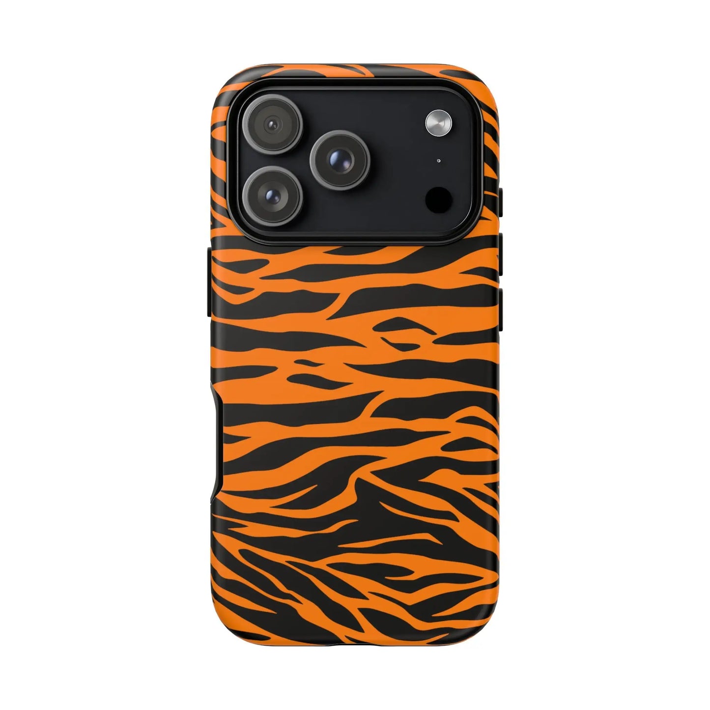 Orange tiger print phone case with vibrant black stripes shown from the back for iphone galaxy s and pixel phones mobile phone cases