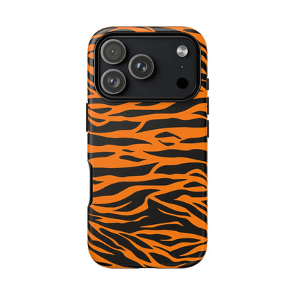 Orange tiger print phone case with vibrant black stripes shown from the back for iphone galaxy s and pixel phones mobile phone cases
