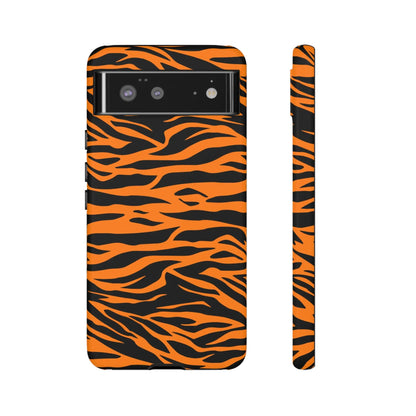 Back side of vibrant orange tiger print mobile phone case with black stripes for iphone galaxy s and pixel phones