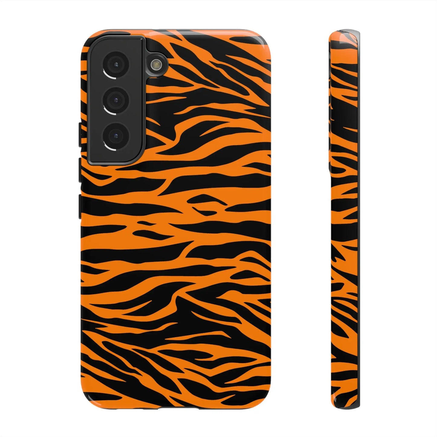 Back side of a vibrant orange tiger print mobile phone case for samsung galaxy s21 with black stripe pattern