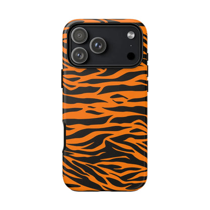 Back side of vibrant orange tiger print phone case with black stripes for iphone galaxy s and pixel mobile phone cases