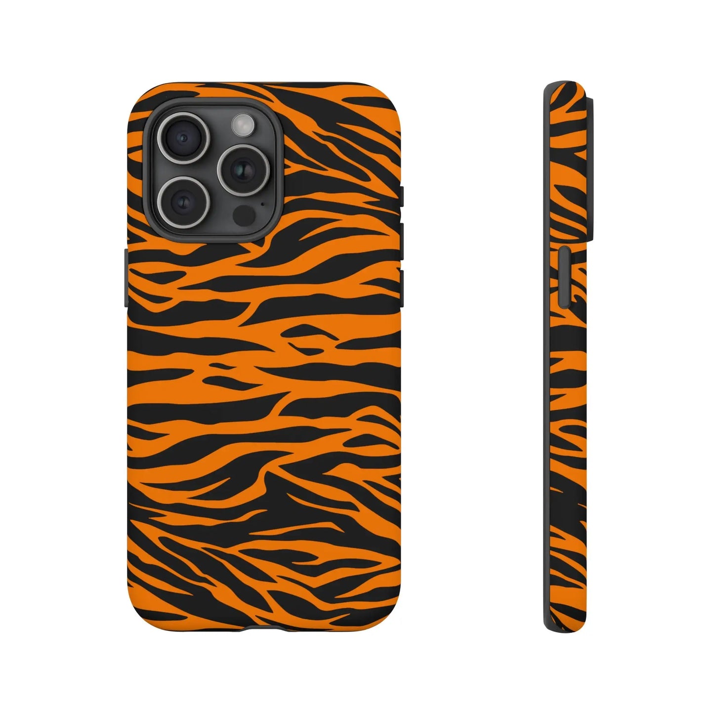 Orange tiger print phone case with bold curved stripes on the back for iphone galaxy s and pixel phones mobile phone cases