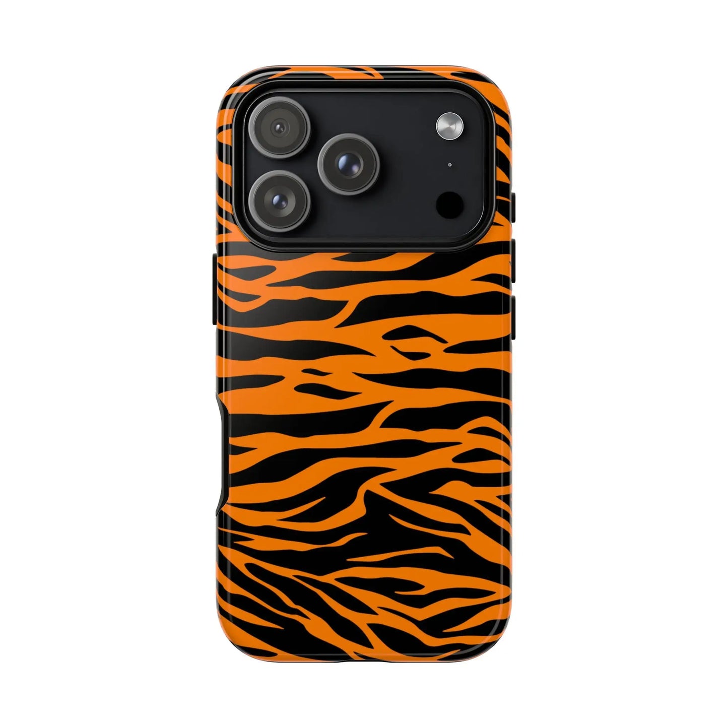 Back side of an orange tiger print phone case featuring a cute wild tiger stripe pattern for iphone galaxy s and pixel phones