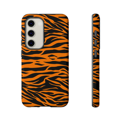 Back side of vibrant orange tiger print mobile phone case with sleek protective design for iphone galaxy and pixel phones