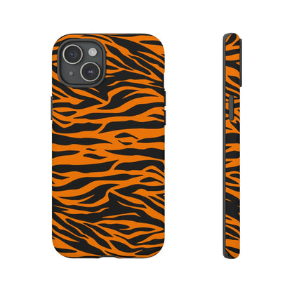 Back side of vibrant orange tiger print phone case with bold black stripes for iphone galaxy s and pixel mobile phone cases