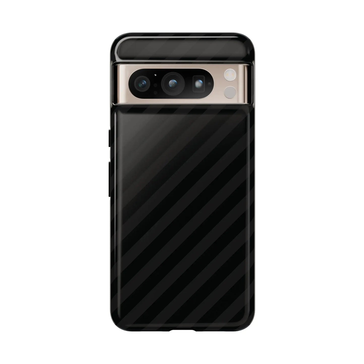 Black diagonal pattern carbon fiber phone case with tough gloss finish and precise camera cutouts shown from back side