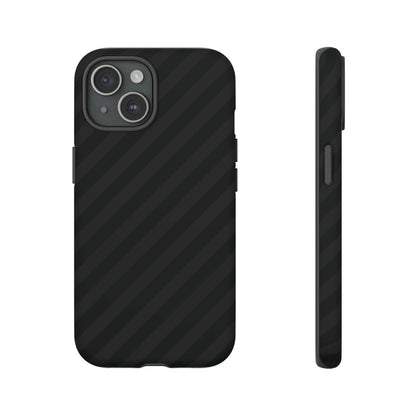 Back side of a black carbon fiber phone case with black diagonal pattern tough gloss finish protective cover for iPhone and Samsung