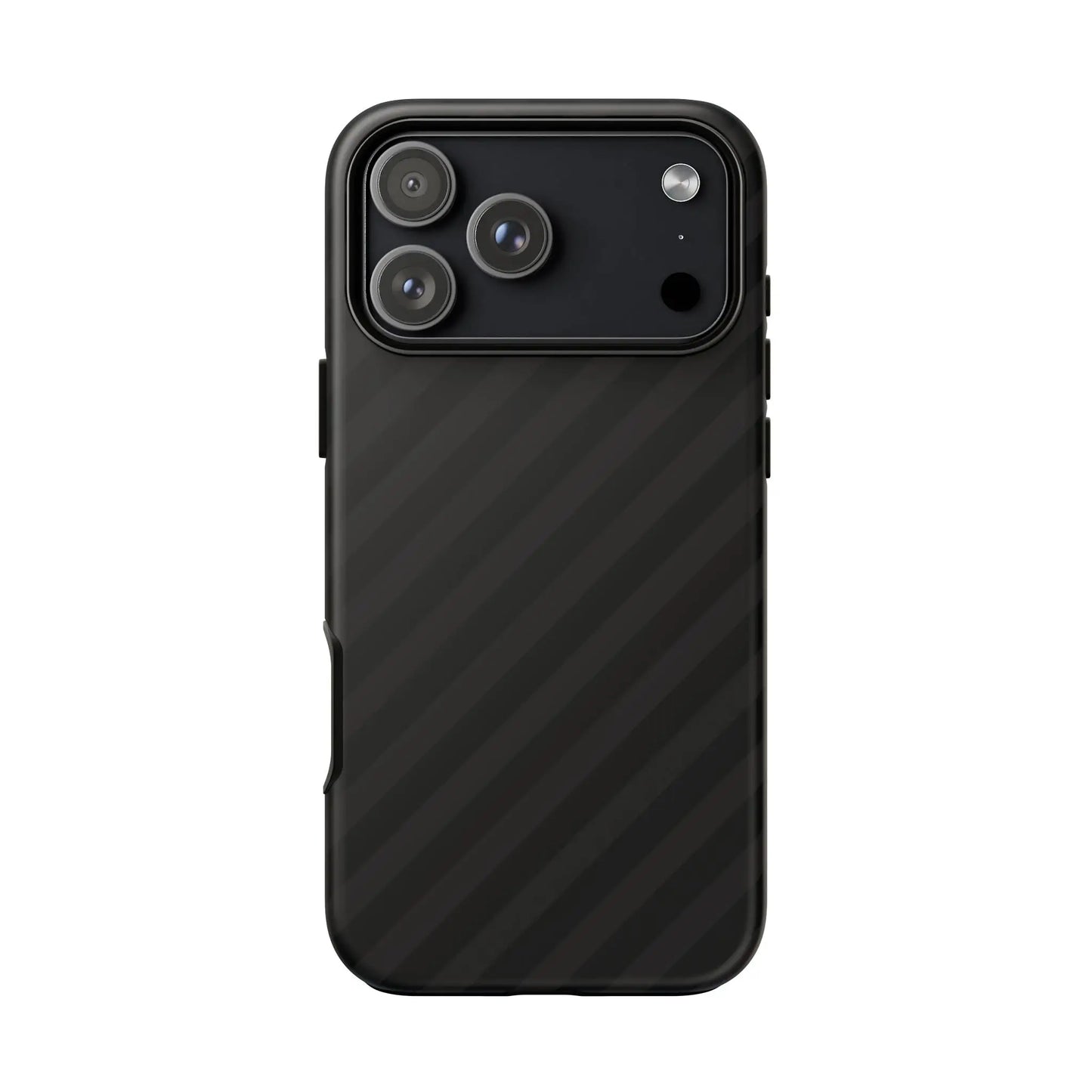 Back side of black carbon fiber-patterned phone case with sleek diagonal pattern tough gloss finish and camera cutouts