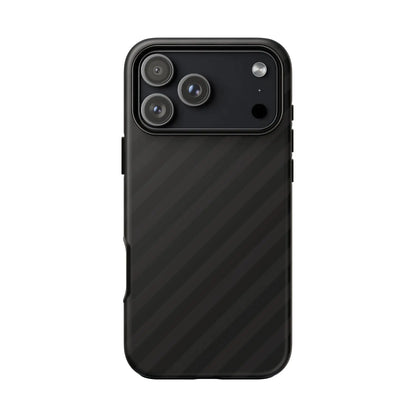 Back side of black carbon fiber-patterned phone case with sleek diagonal pattern tough gloss finish and camera cutouts