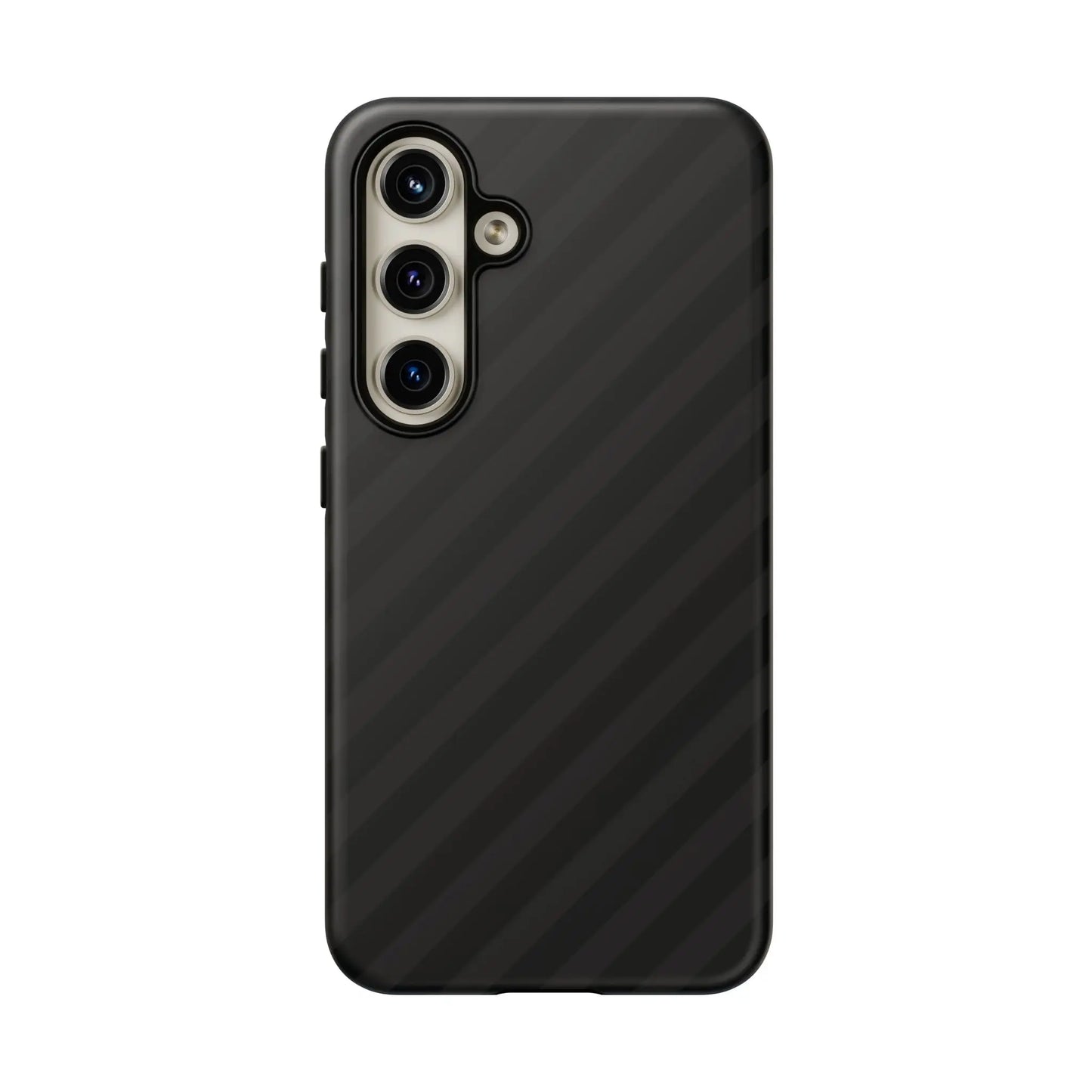 Back side of black carbon fiber phone case with black diagonal pattern tough gloss finish and precise camera cutouts