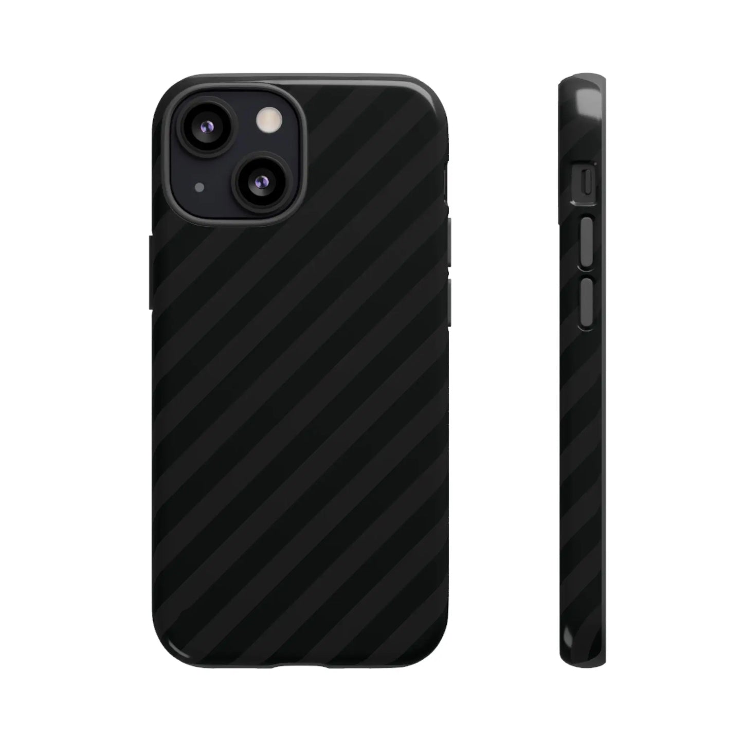 Image of the back side of a black diagonal pattern tough gloss finish carbon fiber phone case for iphone samsung google pixel