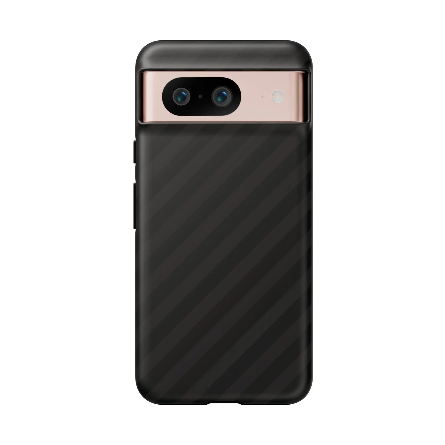 Back side of black carbon fiber-patterned phone case with rose gold camera module featuring black diagonal pattern tough gloss finish